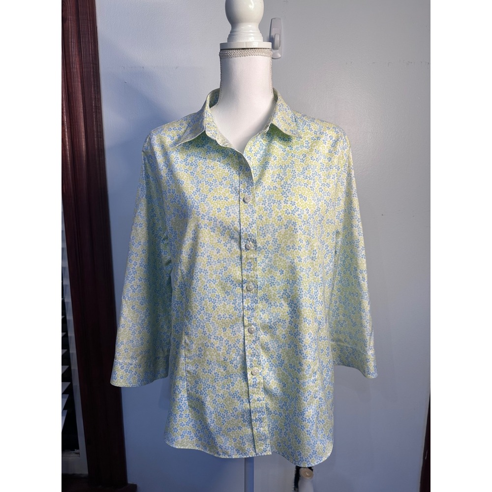LL Bean Womens XL Blue Green Floral Wrinkle Resistant Cotton Button Down Shirt